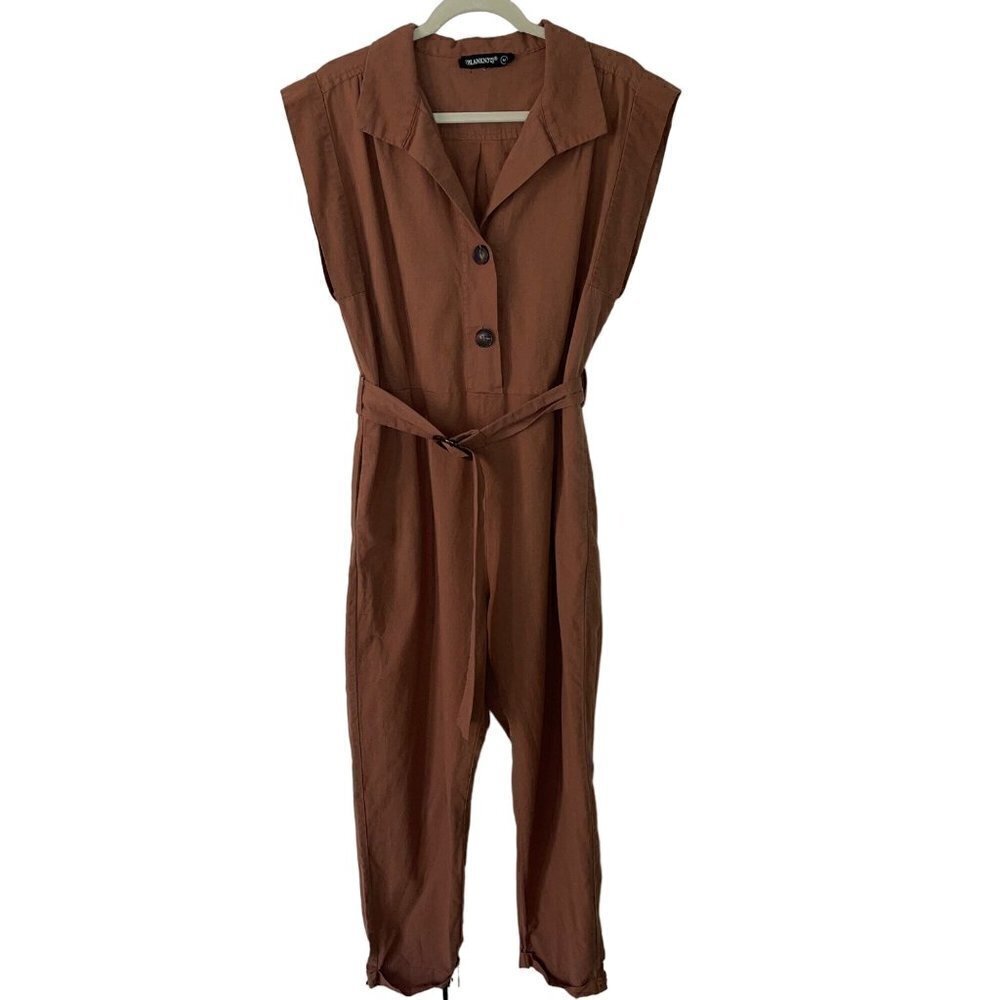 BLANKNYC Womens Belted Jumpsuit Size Medium Brown Cotton Linen Sleeveless
